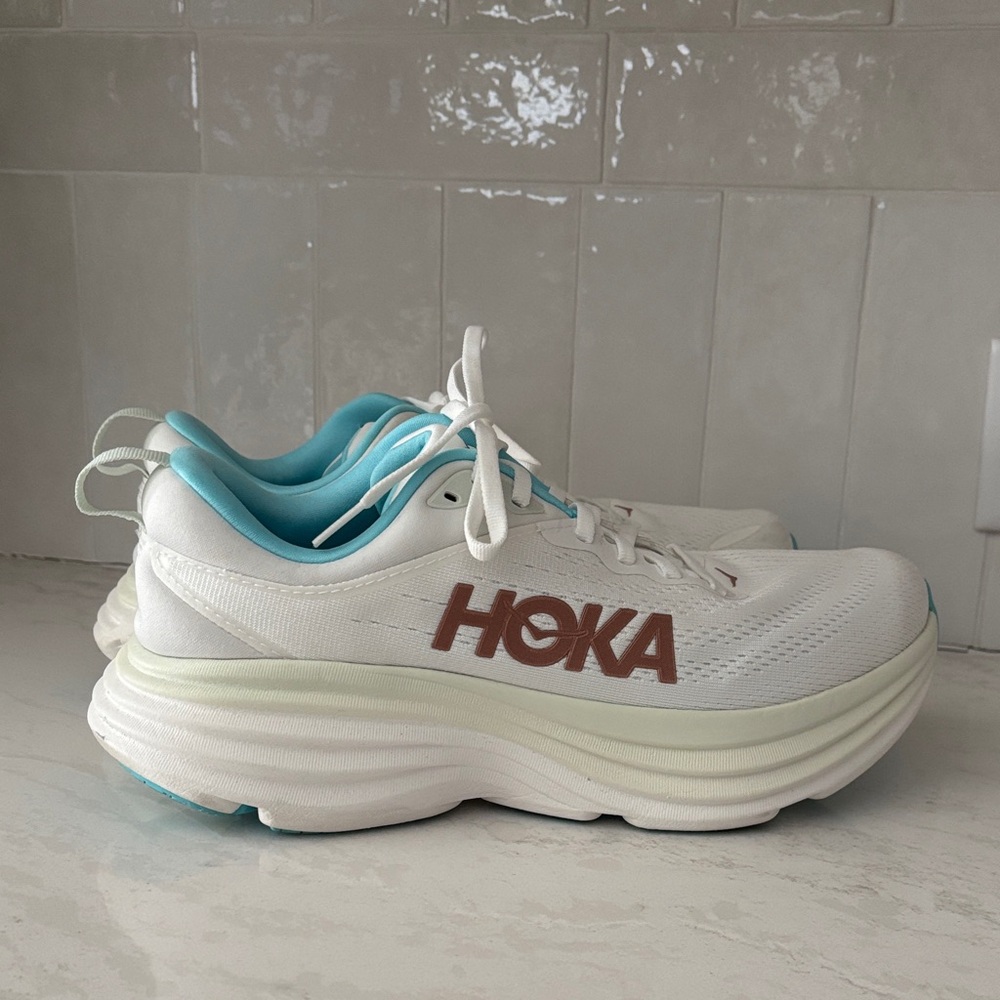 Hoka Bondi 8 White and Blue Athletic Shoes. Brand New! Size 9